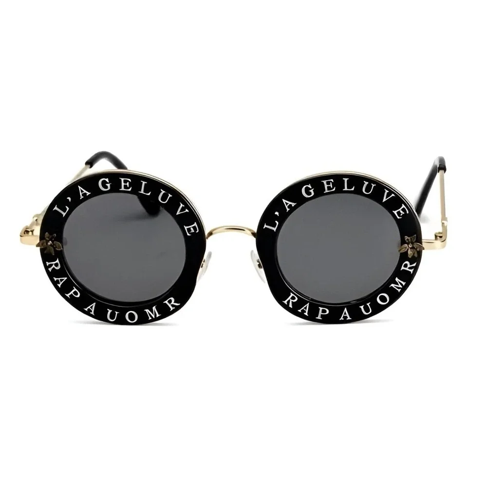 Luxury Round Oversized Sunglasses‎ Black Gold Designer Style Women Shades Trendy